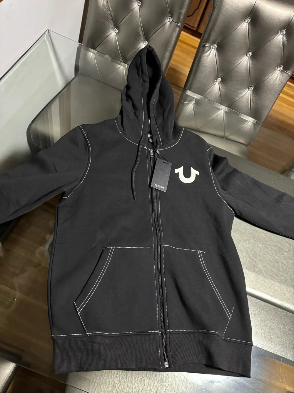 True Religion Black Zip-Up Hoodie with Contrast Stitching